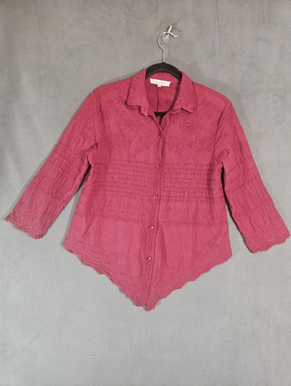 Solitaire Womens Small Shirt Button Asymmetrical Embroidery Boho Burgundy
